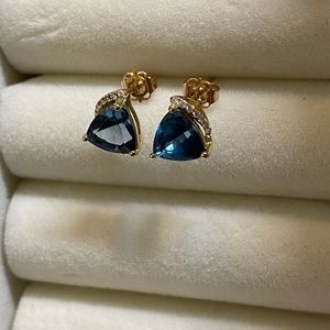 Blue topaz earings with diamonds 10k solid gold